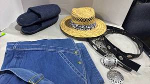lot 1081 image: Belts, straw hat, overalls 44x30 and slippers