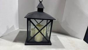 lot 1087 image: Black Metal LED Lantern with Battery Operated Candle 16 inches tall