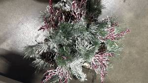 lot 1102 image: Frosted Pine Holiday Wreath with Red Berries and pine cones 20 inches in diameter