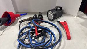 lot 1153 image: Jumper cables, spot light, funnels and scrapper