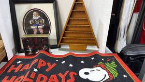 lot 2024 image: Peanuts accent rug, Christmas tree display for mini ornaments and more