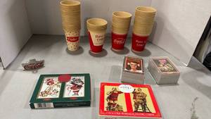 lot 2036 image: Coca-Cola Advertising Collection - Paper Cups and Trading Cards, bottle opener and playing cards