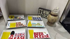 lot 2047 image: Multi-Language Beer Signs Collection and Wine OClock Decor and Avon ceramics beer stein