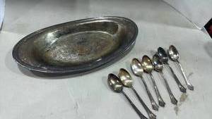 lot 2094 image: Silver Plated Oval Platter and Fred Harvey spoons