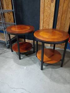 lot 3007 image: Round Two-Tier Side Tables with Wood Inlay