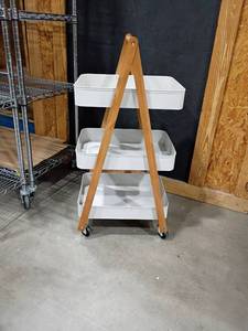 lot 3012 image: 3-Tier Rolling Storage Cart with Wooden Frame.  34 x 16 x 14