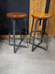 lot 3013 image: Industrial Wood and Metal Adjustable Bar Stools.  27 in tall