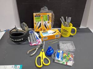 lot 3139 image: Office Supplies.  Pens, Walkers Razor Headphones, Scissors, Thumb Tacks and More