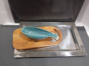 lot 3141 image: Serving Trays and More.   Stainless Steel Tray is 13 x 20
