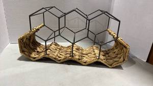 lot 5014 image: Geometric Metal and Woven Straw Wine Rack 9x17x9