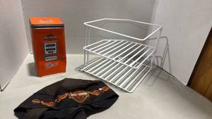 lot 5015 image: Harley Davidson tin and bandanna and corner shelf 8x9x9
