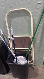 lot 3023 image: Brightroom waste basket with Dustpan and Broom, 2 step ladder and more