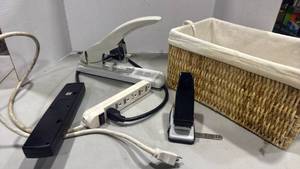 lot 3510 image: Woven Storage Basket with heavy duty stapler and more