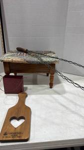 lot 4150 image: Wooden Sewing Storage Foot Stool with Longaberger wooden board, rug beater and decor