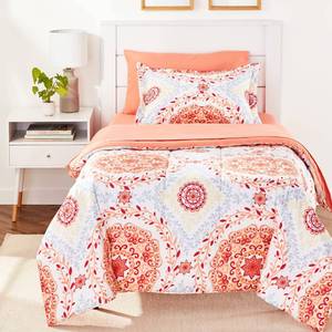 lot 3069 image: TwinTwin XL Lightweight Microfiber Comforter Bedding Set with Printed Sheets, 5-Piece Bed-in-a-Bag, Coral Medallion