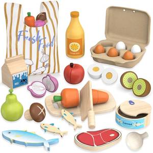 lot 3076 image: Wooden Play Food Toys for Kids - Pretend Play Kitchen Accessories Toy Set for Toddlers, Cutting Fruits Vegetables Toys Gift for Boys Girls Ages Over 3 Year Old