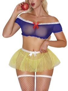 lot 4157 image: Rigeri Womens Lingerie Dress Sexy Mesh Sheer Lingerie Set with Thong Set Mini Skirt Stockings4 Piece Blue and Yellow S