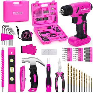 8V Pink Cordless Drill Set, 64 Pcs Pink Power Drill Tool Kit for Women, 3/8\"Keyless Chuck Electric Screwdriver Driver Kit for Home DIY and Repair, USB Charger and Storage Box Included
