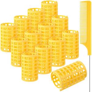 lot 4188 image: Syhood 12 Pcs Plastic Hair Rollers for Women Large Size Curlers Set Snap Roller Clips with Rat Tail Comb for Long Medium Short Hair Bangs, Salon Hairdressing Styling Tool (2.6 x 1.4 Inch,Yellow)