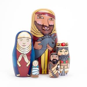 lot 4225 image: Bits and Pieces - 5pc Nesting Doll Holy Family -The Nativity Family Hand Painted Hand Made Wooden Nesting Dolls Matryoshka Nativity Figurines - Set of 5 Dolls from 5.5 Tall