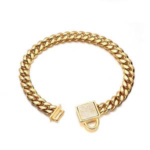 lot 4235 image: Gold Dog Chain Collar 10mm Wide Cuban Link Puppy Collar 316L Stainless Steel with CZ Diamond Lock Bling Collar for Small Dogs(10mm Gold,8inch)