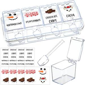 lot 4243 image: Hushee Christmas Hot Cocoa Bar Supplies Hot Chocolate Bar Containers 4-Cell Clear Acrylic Seasoning Spice Box with Cover and Spoon Xmas Cocoa Chocolate Chips Marshmallows Peppermints Storage Container