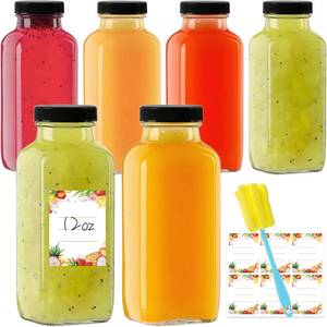 lot 4254 image: Yokodaza 12 oz Glass Juice Bottles with Lids 6-Pack - Reusable Kombucha Bottles & Green Drink Jars with Leakproof Caps