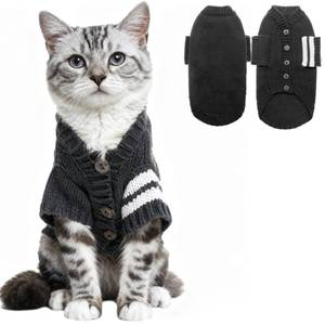 lot 4272 image: EXPAWLORER Cat Sweater Cardigan - Stylish Knitted Cat Clothes, British Style Soft Puppy Sweater with Sleeve Warm Pet Clothing Knitwear, Fall and Winter Kitten Coat for Girl Boy Cats, Grey Medium