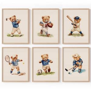 lot 4275 image: Nursery Bear Sports Wall Art Vintage Boy Room Canvas Wall Decor Baby Teddy Bear Pictures Boy Nursery Art Prints Kids Animal Poster Artwork for Toddler Bedroom Playroom 12x16 Inch Unframed 6Pcs