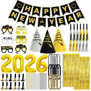 lot 4285 image: New Years Eve Party Supplies 2026 for 24, New Years Eve Party Decorations, a Banner, 12 Hat, 12 Glasses, 24 Blowouts, 12 Leis, 12 Necklaces 2 Foil Fringe Curtains,32 Inches 2026 Foil Balloons