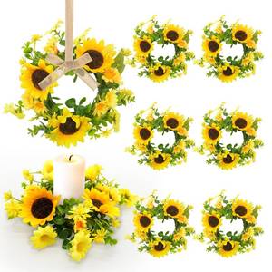 lot 4287 image: 6 Pcs Small Sunflower Candle Rings Wreaths Mini Spring Summer Artificial Floral Wreath Table Centerpieces Fake Yellow Daisies Pillars Candle Holder for Cabinets Window Home Wall Wedding Party D�cor