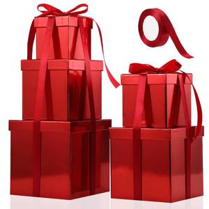 lot 7741 image: Cholemy 5 Pcs Square Nesting Boxes Decorative Gift Boxes with Lid and Ribbon Assorted Sizes Wrap for St. Patricks Day, Carnival, Anniversary, Birthday, Bridal Shower Party Gifts(Shiny Red)