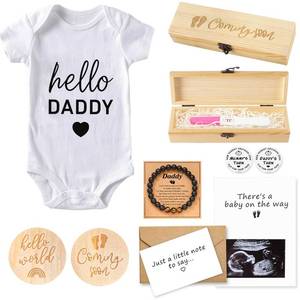 lot 8347 image: Surprise Pregnancy Announcement For Husband, Pregnancy Reveal Kit Includes Pregnancy Test Box Hello Daddy Baby Bodysuit Pregnancy Reveal Card Daddy Bracelet Decision Coin And Wooden Announcement Signs, Hello Daddy Pregnancy Announcement For Dad