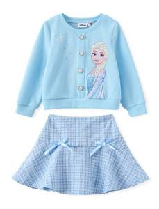 lot 8353 image: Disney Frozen Elsa Toddler Girl 2 Piece Outfit Blue Long Sleeve Snowflake Print Pearl Button Knit Top & Tweed Skirt Set Birthday Elegant Dress 5-6Y
