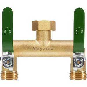 lot 8356 image: Yayamz Garden Hose Splitter, 34�� Rust and Freeze Resistant Outdoor Hose Manifold with 2 Green Extra Long Handles Faucet Adapter-Heavy Duty Brass 2-Way Valve