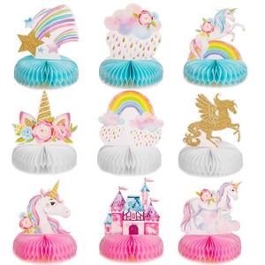 lot 8394 image: Outus 9 Pieces Unicorn Rainbow Honeycomb Centerpiece for Table Decorations Shiny Topper Birthday Party Supplies