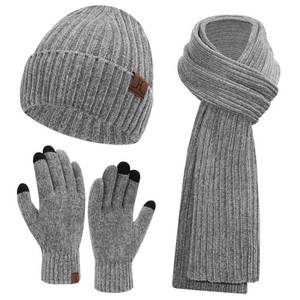 lot 11595 image: Womens Winter Knit Warm Hat Beanie Long Scarf Touch Screen Gloves Set Skull Caps Neck Scarves for Women Men Grey