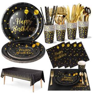 lot 11615 image: Nkaiso Birthday Party Tableware, 161 Pieces Black Gold Party Supplies, Party Dinnerware Sets Include Paper Plates Napkins Cups Silverware, for Shower Engagement Parties Decoration -20 Serves