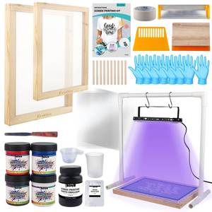 lot 11621 image: Ecoofor 47PCS All-in-One Screen Printing Kit with 50W UV Exposure Lamp, 2 Sizes Wood Screen Printing Frames, 4 Screen Printing Ink Colors, 10 A4 Transparency Films & Tools