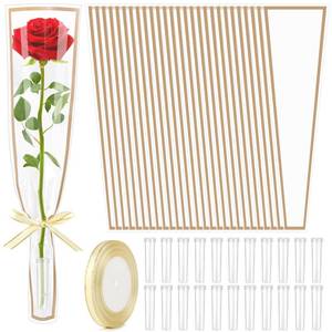 lot 11635 image: Mauproy 100Pcs Single Rose Sleeves with 100 Pcs Floral Water Tubes and Ribbons, Single Flower Bags Plastic Flower Wrap for Mothers Day, Wedding, Birthday, Florist Supplies (White)