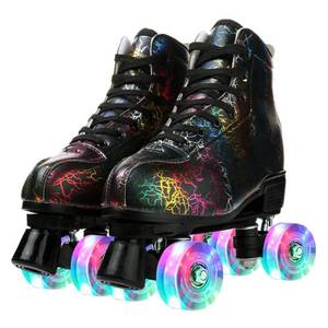 lot 11636 image: Cowhide High-Top Classic Double-Row Four-Wheel Roller Skates for Men, Women & Girls - Lightning Black Flash Wheel, Size 38US6