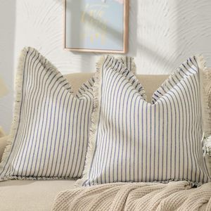 lot 11654 image: ZWJD Throw Pillow Covers 18x18 Set of 2 Striped Pillow Covers with Fringe Chic Cotton Decorative Pillows Square Cushion Covers for Sofa Couch Bed Living Room Farmhouse Decor, (Blue)