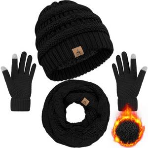 lot 12143 image: Warm Fleece Knit Beanie Hat and Touch Screen Gloves Set - Winter Gifts for Women and Men