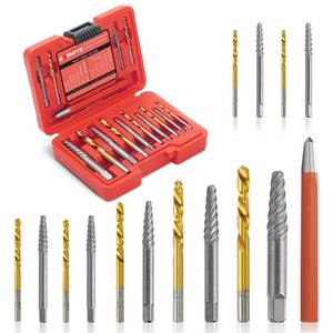 lot 12171 image: 15 Pieces Screw Extractor Kit, 37# Cr-Mo & 6542 Hss Steel Cobalt Left Hand Drill Bits Set for Removing Broken Bolt and Rounded Nut, Ez Out Stripped Screw Set with Center Punch