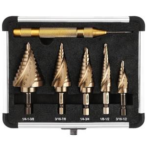 lot 12194 image: ROGAPER 6PC Cobalt Step Drill Bit Set, Hex Shank Step Drill with Two Spiral Flutes and Automatic Center Punch for Metal, Stainless Steel, Aluminum, Wood, and Plastic with Aluminum Case, 50 Sizes