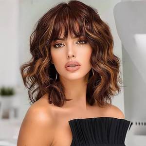 lot 12216 image: Ucubb Short Bob Wavy Wig with Bangs for Women Loose Curly Wig Look natural Shoulder Length Bob Wigs