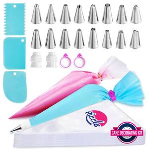 lot 12221 image: Riccle Piping Bags and Tips Set, 11.8 Inch 100 Anti Burst Piping Bags, 124 Pcs Cake Decorating Kit with 16 Piping Tips, 1 Reusable Pastry Bags, 3 Cake Scrapers, 2 Couplers, and 2 Icing Bags Ties