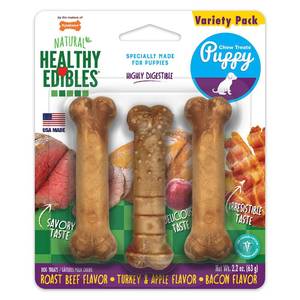 lot 12226 image: Nylabone Healthy Edibles Natural Puppy Chews Long Lasting Treats for Puppies, Roast Beef, Apple & Bacon Flavor, X-SmallPetite (3 Count)