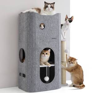 lot 13669 image: Bedsure 3-Level Indoor Cat Bed- Cat Condos Small Cat Tree for Multiple Kitties to Play Sleep,Hideaway Cave, Fluffy Ball, Scratching Post, 22.5x31.5x13, Grey