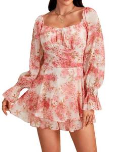 lot 14272 image: LYANER Womens Floral Print Off Shoulder Long Sleeve Ruffle Hem Romper Short Jumpsuit Floral Orange Large